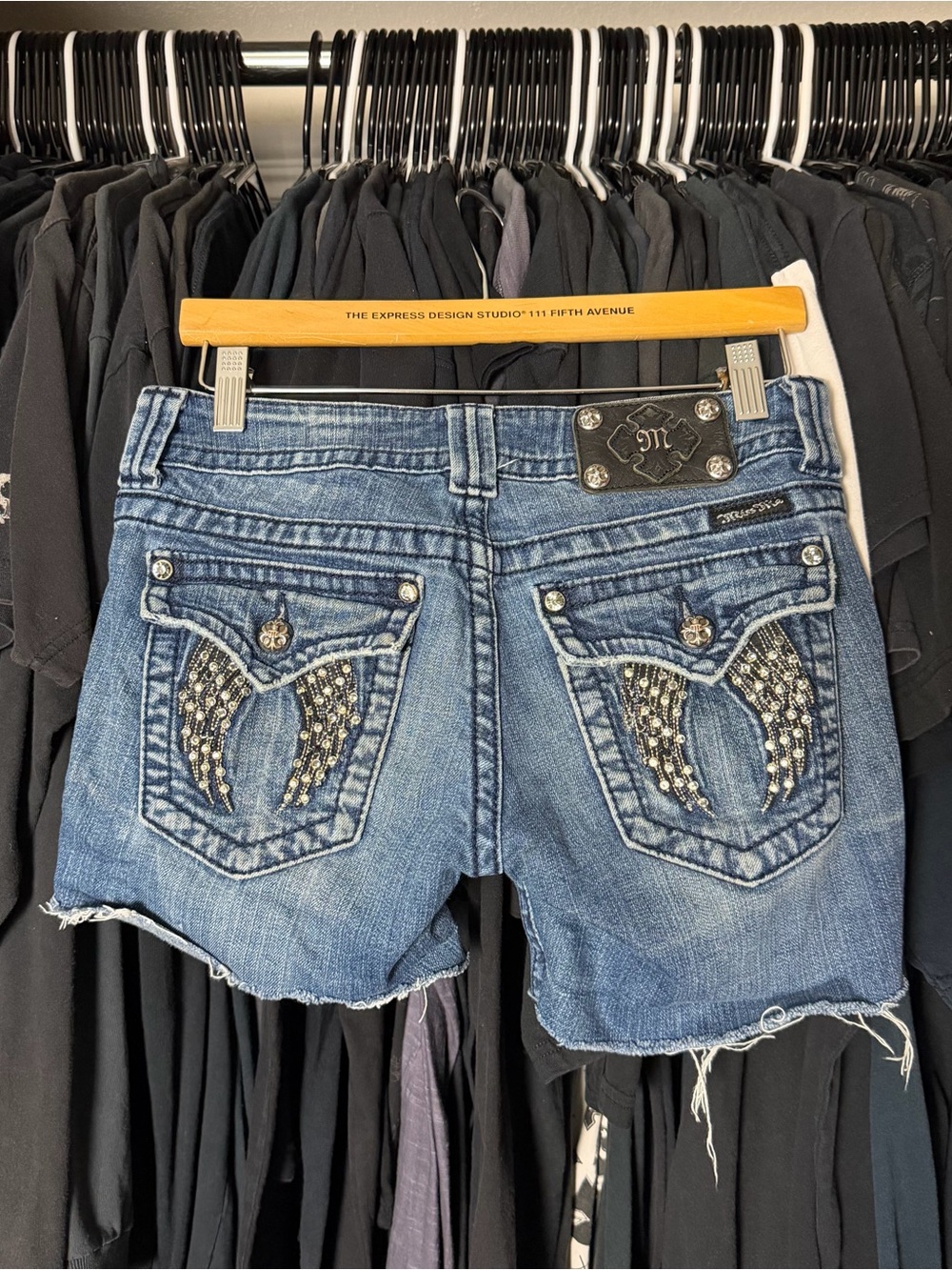 Miss Me Cut Off Jean Short Womens 28 Waist Wings Bedazzled Rhinestone Y2K Chic